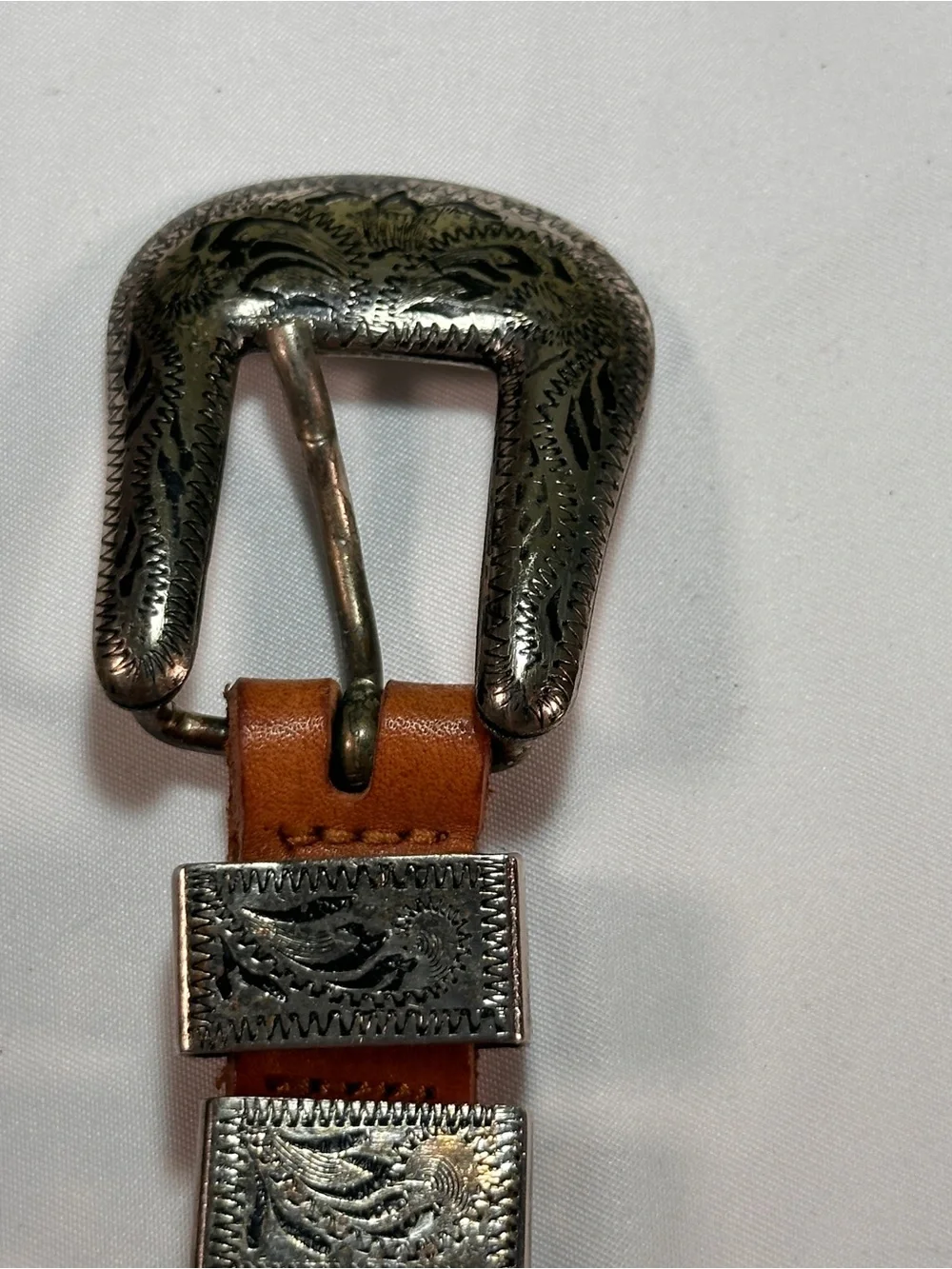 Braided Leather Western Belt with Engraved Silver Buckle - Cognac